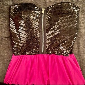 Emerald Sundae Strapless Black and Pink Zip-Up Sequin High-Low Dress. Size S.